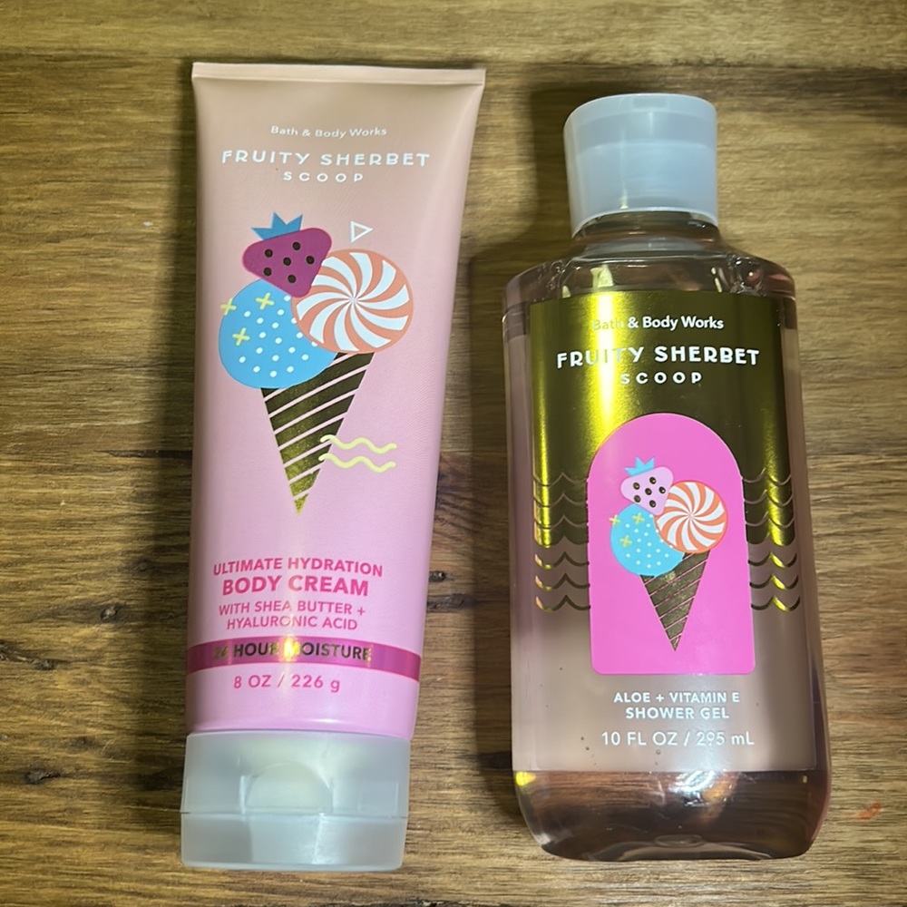 New, Bath & Body Works Fruity Sherbet Scoop Set of Body Cream and Shower Gel.